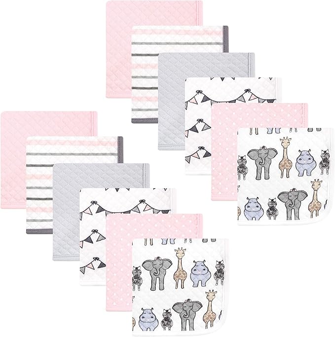 Hudson Baby Unisex Baby Quilted Cotton Washcloths, Pink Safari, One Size
