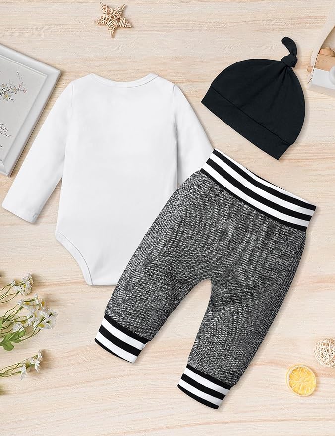 Fommy Newborn Baby Boy Clothes New to The Crew Letter Print Romper+ Pants+Hat 3PCS Outfit
