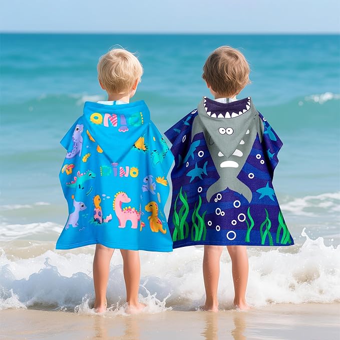 Hooded Kids Beach Towels - Toddler Bath Towel Girls Boys Swim Cover-ups for Ages 1 to 6 Kids Pool Towels Quick Dry Lightweight Soft Microfiber Poncho Towel 24x23 (Dinosaur Sky Blue)