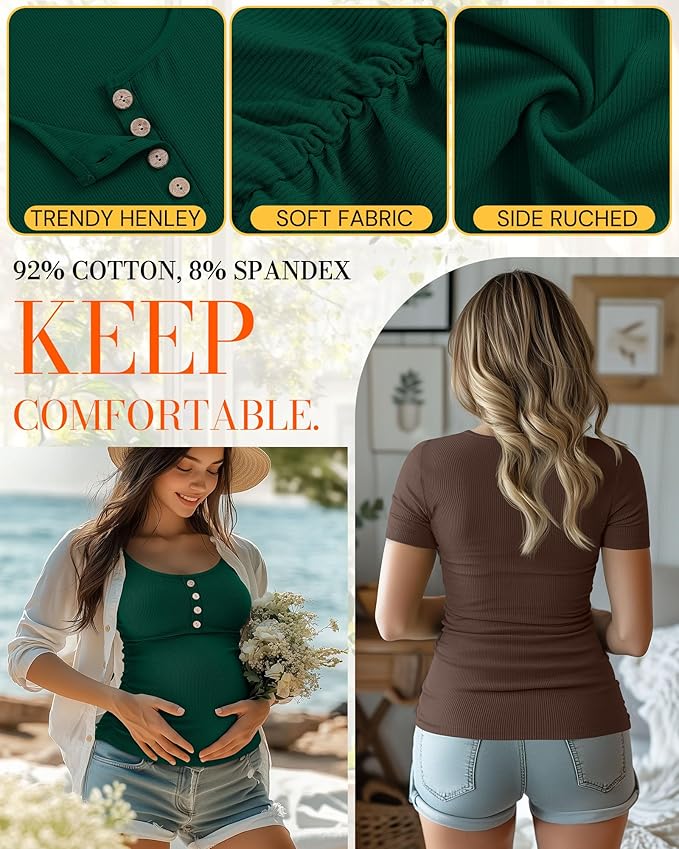 4 Pack Womens Maternity Shirts Scoop Neck Cotton Short Sleeve Ribbed Pregnancy Top Henley Side Ruched Mama Clothes