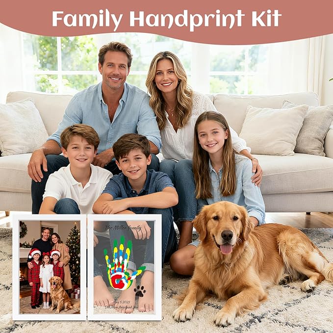 Family Handprint Kit, DIY Baby Hand and Footprint Handmade Keepsake Wooden Frame, Family Gifts with 6 Non-Toxic Baby-Safe Paint, Ideas Gift for New Parents, Grandparents, Father's Day, Mother's Day