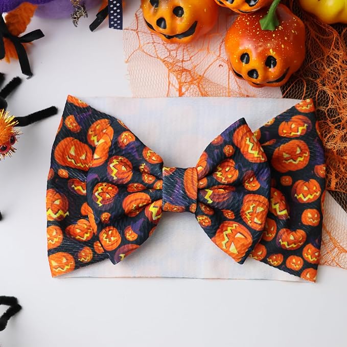 Halloween Baby Girls Headbands Pumpkin Printed Bow Wide Headbands Halloween Handmade Hairbands Hair Accessories Gift for Newborn Infant Toddlers Kids