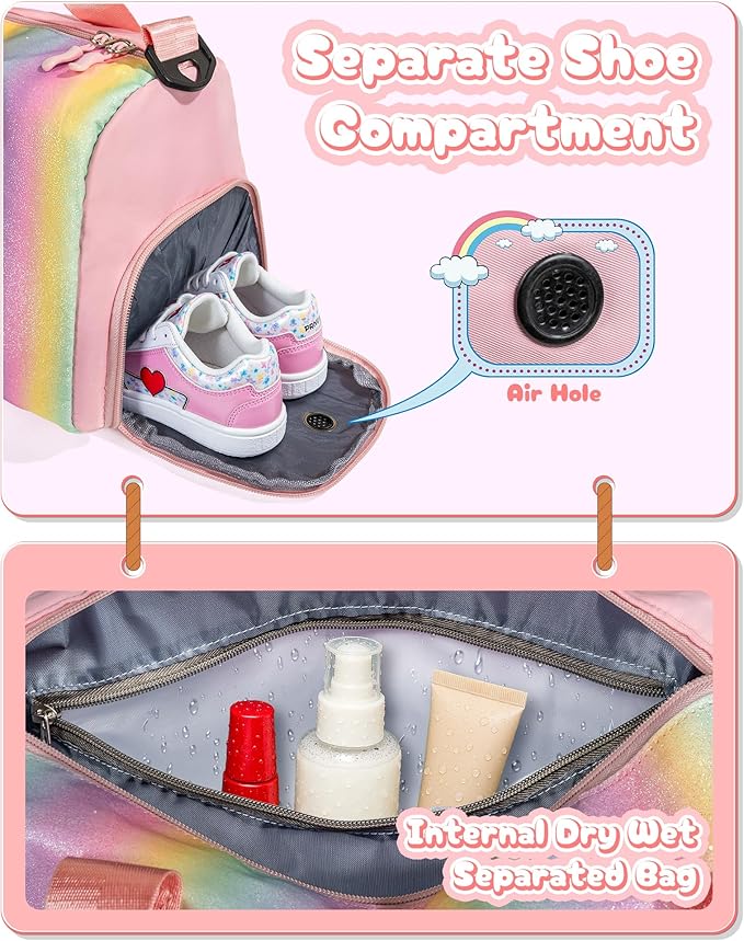 Gifts for 4 5 6 7 8 9 10 Year Old Girls-Girl Gym Bag with Shoe Compartment, Kid Weekender Overnight Bags, Initial Travel Tote with Makeup Pouch, Niece Girls Birthday Gift (Letter L)