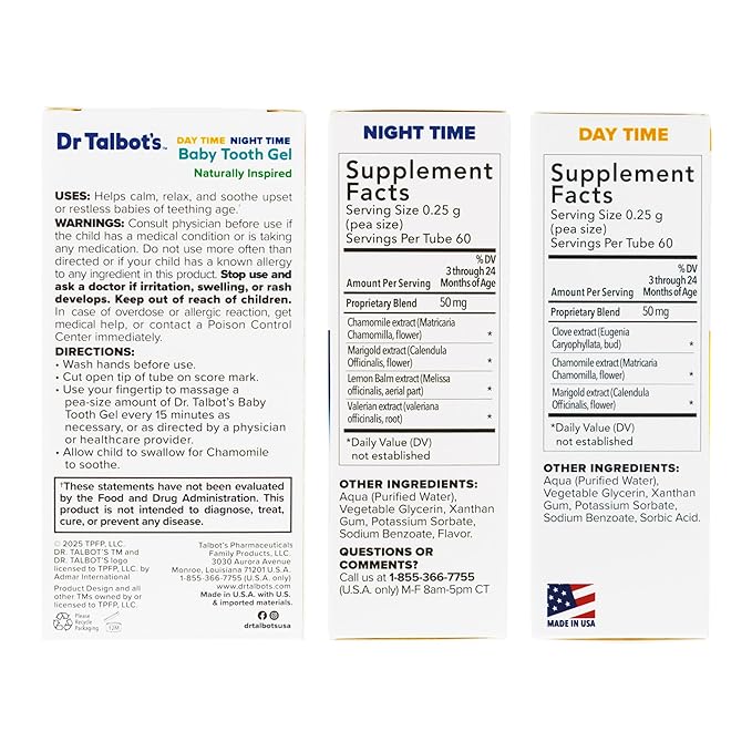 Dr. Talbot's Daytime & Night Time Baby Tooth Gel for Sore Gums - 0.53 oz Combo Pack Tubes of Teething Gel - Ages 3-24 Months - Naturally Inspired Ingredients to Soothe Sore Gums for Babies