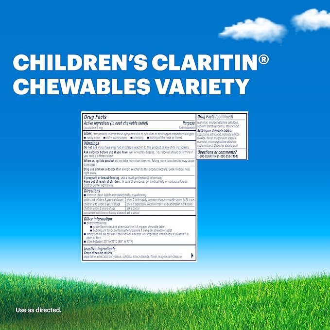 Claritin Children's Allergy Medicine, 24-Hour Non-Drowsy Loratadine 5mg Chewable Tablet, Antihistamine for Kids Ages 2 Years and Older, Grape & Bubble Gum Flavors, 40 Tablets