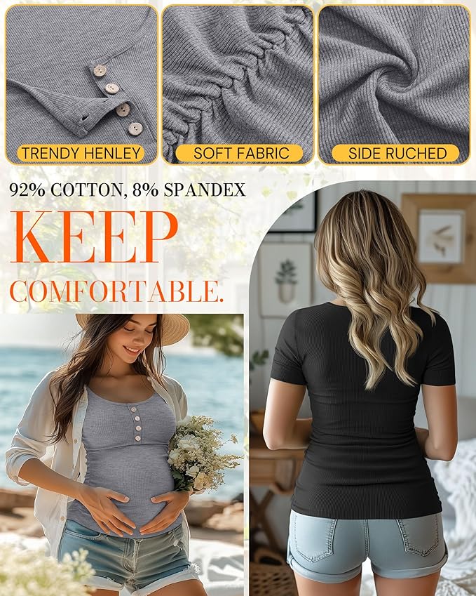4 Pack Womens Maternity Shirts Scoop Neck Cotton Short Sleeve Ribbed Pregnancy Top Henley Side Ruched Mama Clothes