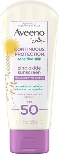 Aveeno Baby Continuous Protection Zinc Oxide Mineral Sunscreen Lotion for Sensitive Skin,Broad Spectrum SPF 50,Tear-Free,Sweat- & Water-Resistant,Paraben-Free,Travel-Size,3 fl. oz,(Pack of 2)