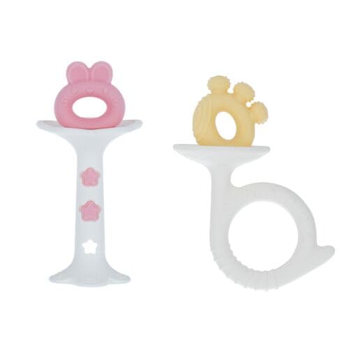 Nuby Silicone Fun Teethers - (2-Pack) Baby Teething Toy - Bunny and Tuba Shapes - 3+ Months - Yellow and Pink