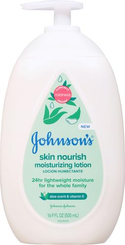 Johnson's Skin Nourish Moisturizing Baby Lotion with Aloe Vera Scent & Vitamin E, Gentle & Lightweight Body Lotion for The Whole Family, Hypoallergenic, Dye-Free, 16.9 fl. oz (Pack of 2)