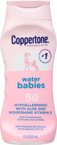 Coppertone WaterBabies Baby Sunscreen Lotion SPF 50, Hypoallergenic Sunscreen for Babies, Water Resistant, Pediatrician Recommended, 8 Fl Oz Bottle (Pack of 2)