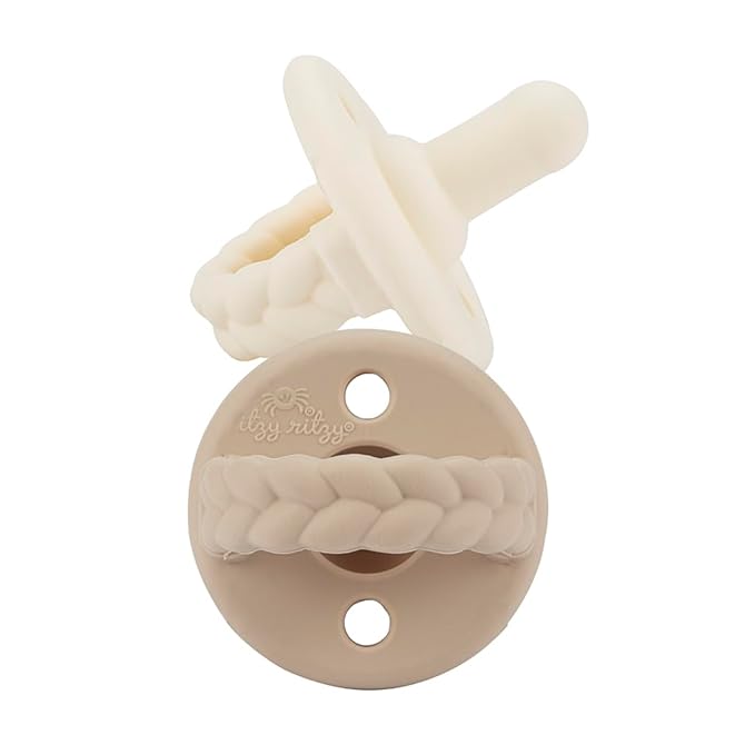 Itzy Ritzy Silicone Pacifiers for Ages 6-18 Months - Itzy Soother Pacifiers Feature Collapsible Handle & Two Air Holes for Added Safety; Set of 2 in Buttercream & Toast