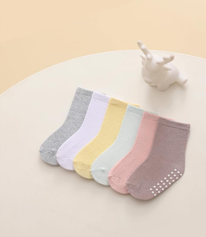 JAKIDAR 12 Pack Baby Toddler Socks Non Slip Grip Cotton Crew Socks for Boys Girls Infants Kids