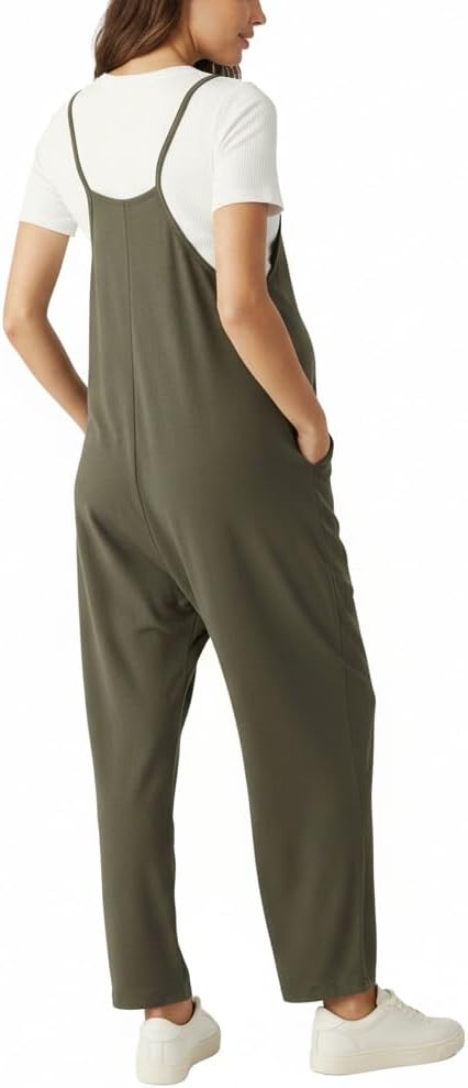 Motherhood Maternity womens Casual Baggy Sleeveless V-neck Pregnancy Romper Jumpsuit With Loose Spaghetti Straps and Pockets