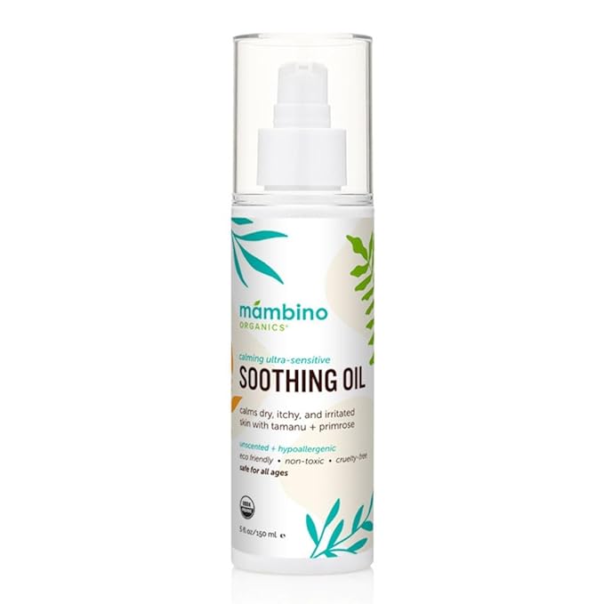 Mambino Organics Soothing Baby Oil, Organic Unscented Body Oil with Jojoba, Evening Primrose, Hydrates Dry, Itchy Skin, Gentle for Babies, Kids, Vegan, Baby Care Products, 5 fl oz