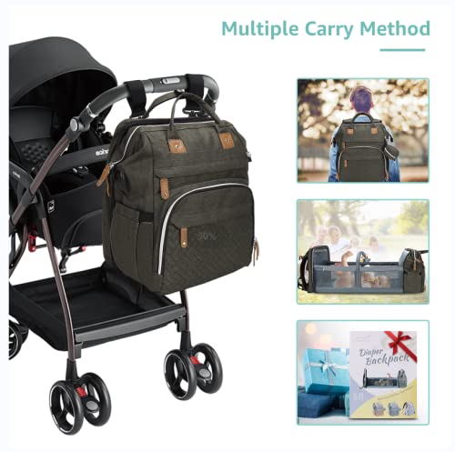 DERJUNSTAR Diaper Bag Backpack, Large Baby Bag with Changing Pad, Thick Padded Back & Straps, Laptop Compartment, Waterproof Travel Backpack with USB Port, Multi-Function for Mom & Dad, Army Green