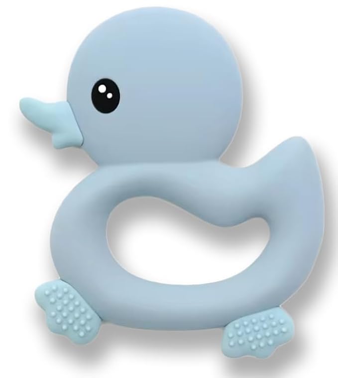 [BabyBite] Baby Teething Toys Cute Duck Teether for Sensory and Developmental Play for Baby and Toddler 100% BPA Free Food Grade Silicone (Blue)