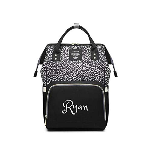 Personalized Large Diaper Bag Knapsack/Tote Bag/Backpack -Custom Monogram Embroidered for Infant/Baby Bag/ (Black Leopard)