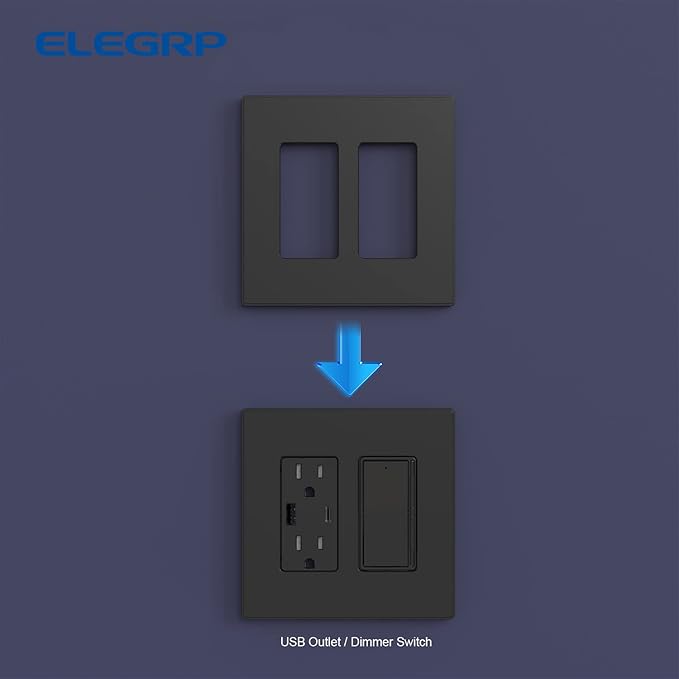 ELEGRP 2-Gang Screwless Decorative Wall Plates, Mid-Size 4.88" height x 4.94" length Unbreakable Thermoplastic Faceplate Cover for Decorator Receptacle Outlet & Switch, UL Listed (1 Pack, Matte Black)