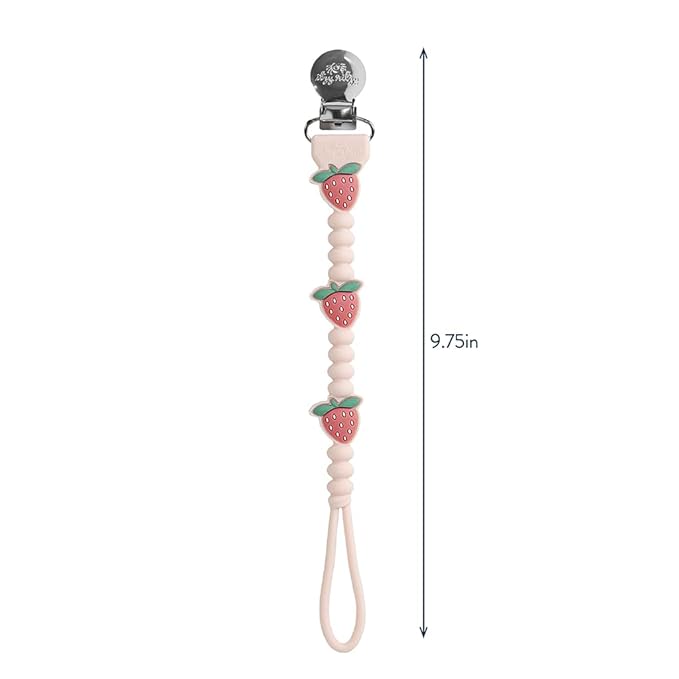 Itzy Ritzy Silicone Pacifier Clip; 100% Food Grade Silicone Pacifier Strap with Clip Keeps Pacifiers, Teethers & Small Toys in Place; Features One-Piece Design & Cord (Strawberry)