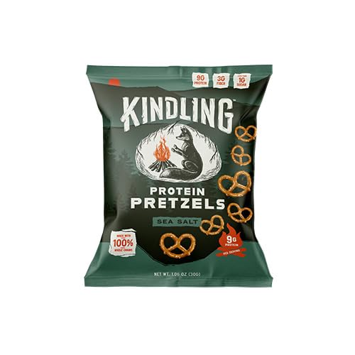Kindling Protein Pretzels - Sea Salt | Protein-Packed Snack Size Bags | Kosher | 8-9g Protein Per Serving | No Artificial Flavors, Soy-Free | Lunches, Office Snacks, & On-the-Go | 16-Count (1.06oz Bags)