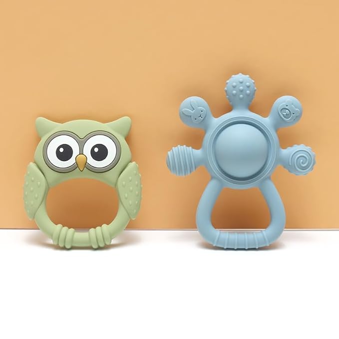 Baby Teether and Rattle Toy Set, BPA-Free, Food-Grade Silicone, Easy-Grip Teething Rattle for Babies, Soothing Teething Toy, Infant Sensory Toy for 3-24 Months (Owl)