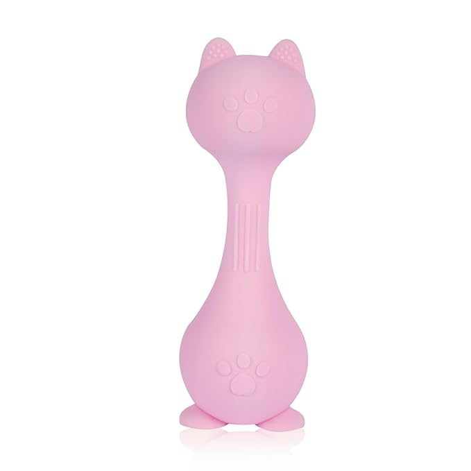 Baby Rattle Teething Toys Cat Silicone Teether Rattles for Baby 0-36 Months Food Grade Silicone (Pink)