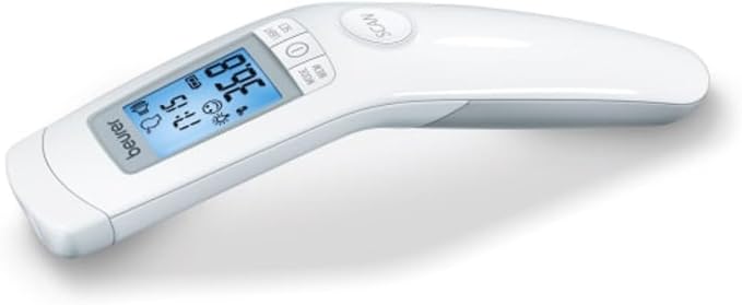 Beurer 3-in-1 Forehead Non-Contact, Body, Surface, Room Temperature, High Accuracy, Large Blue Backlit LCD Display Thermometer, 60 Memory Spaces, FT90 White, 32 Count (Pack of 1)