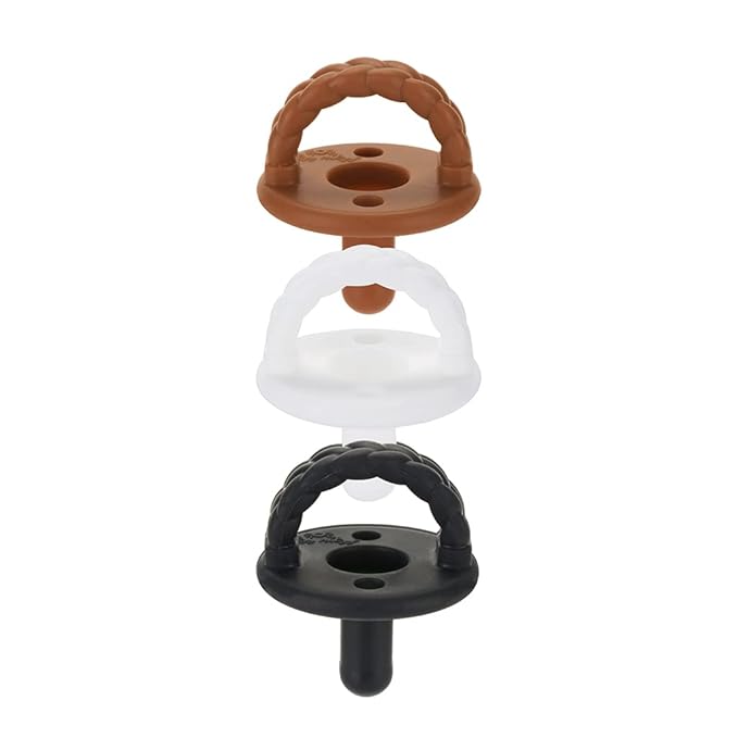 Itzy Ritzy Silicone Pacifiers for Newborn – Itzy Soother Pacifiers Feature Collapsible Handle & Two Air Holes for Added Safety – for Ages 0-6 Months, Coffee & Cream Set of 3 in White, Tan & Brown