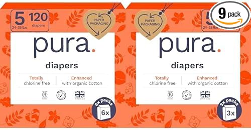 Pura Sensitive Skin Baby Diapers | Size 5 (24-35 lbs) | Bulk, Hypoallergenic, Totally Chlorine Free, Fragrance Free, | 9 Packs of 20 (180 Diapers)