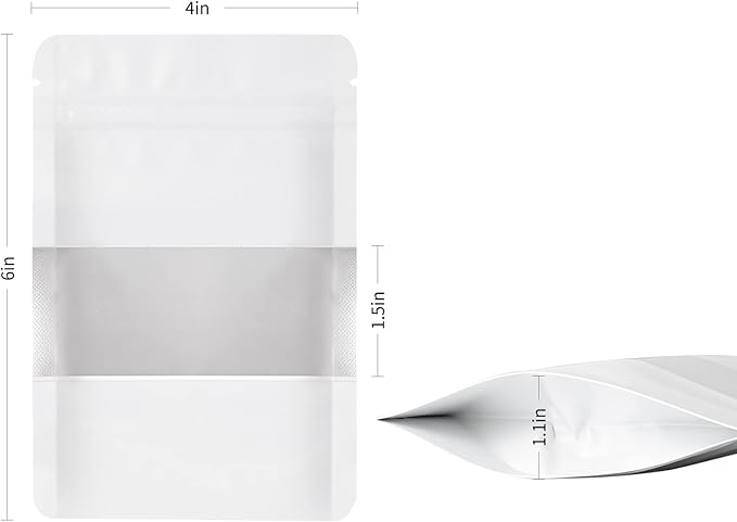 100 Pieces Smell Proof Mylar Bags, Resealable Food Storage Bags with Clear Window, Foil Pouch Stand-up Bags for Food Self Sealing Storage Supplies (White, 4 x 6 Inch)