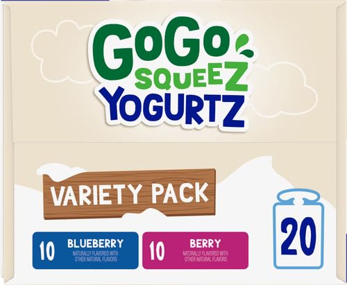 GoGo squeeZ yogurtZ Variety Pack, Blueberry & Berry, 3 oz, Kids Snacks Made from Real Yogurt and Fruit, No Fridge Needed, Gluten-Free, Nut Free, Recloseable Cap, BPA Free Pouches, (Pack of 40)