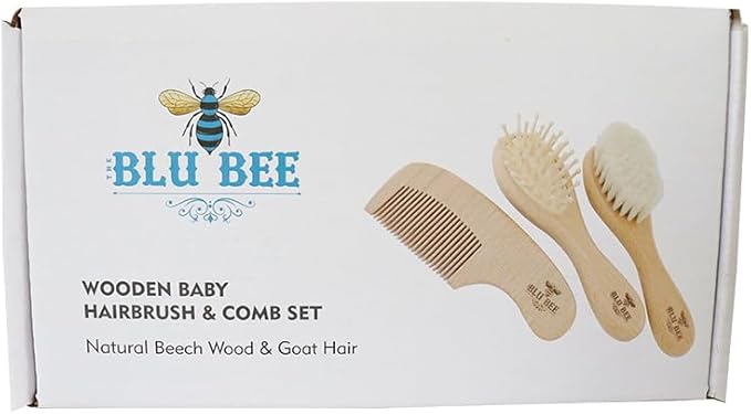 The Hat Pros Wooden Baby Hairbrush & Comb Set | Soft Goat Hair Brush for New Born & Toddlers, Prevents Cradle Cap, 3-in-1 Gift Set for Baby Shower Celebrations