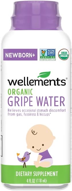 Wellements Organic Gripe Water | Relieves Occasional Stomach Discomfort from Baby Gas, Colic, Hiccups and Fussiness | Certified Organic and Non-GMO | No Artificial Flavors | 4 Fl Oz. | Ages Newborn+
