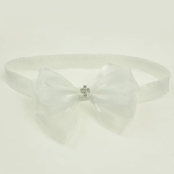 Off White Baptism Christening Pearlescent Organza Bow with Cross for Baby Girls (0-6 months,Off White headband-8)