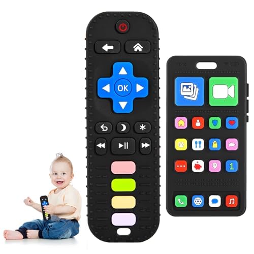 Teething Toys for Baby 3 6 12 18 Months, TV Remote Control Phone Baby Teether Toys, Babies Chew Toys, Food Grade Silicone Teething Toys for Infants, BPA Free, for Babies Gum Relief