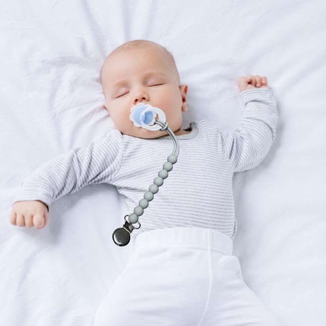 Pacifier Clip for Boys Girls - MORIBOX 4 Pack Paci Clip Soothie Baby Binky Holder for Shower Gift Birthday (Beige+White+Dgrey+Lgrey)