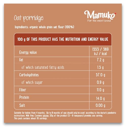 MAMUKO Baby Porridge - Healthy porridge with Oat Flavored & High Fiber - GMO-Free Oatmeal for Infants 3-6 Months - Organic Oatmeal for Healthy Growth & Development - 200g & 10 Servings