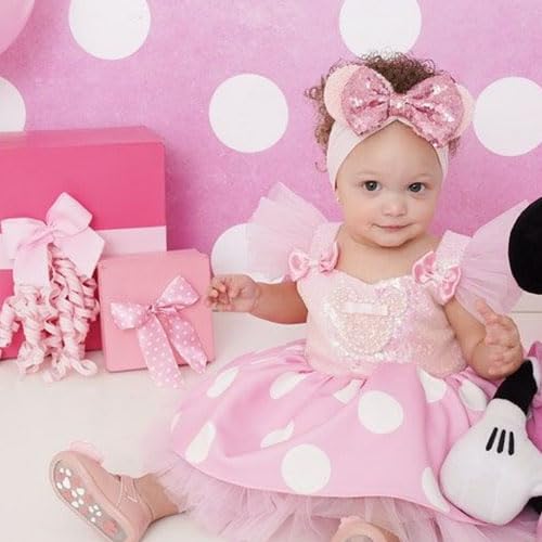 3PCS Baby Girl Mouse Ears Headbands with Sequin Bow, 4.5inches Wide Nylon Turban Hairband, Theme Park Headwear, Hair Bow Headband for Toddler, Kids, Party Supplies