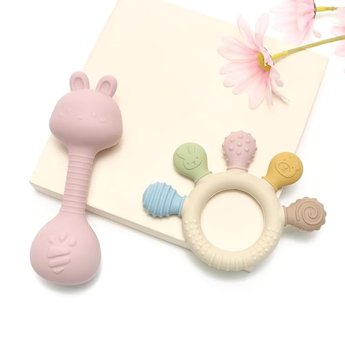 Baby Teether and Rattle Toy Set, BPA-Free, Food-Grade Silicone, Easy-Grip Teething Rattle for Babies, Soothing Teething Toy, Infant Sensory Toy for 3-24 Months (Cat)