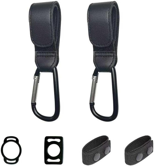 Stroller Hooks with Silicone Bottle Holders - 2 Pack Heavy Duty Aluminum Carabiner Clips & 2 Universal Silicone Grips for Water Bottles - Universal Organizer for Diaper Bags, Wheelchairs, Carts