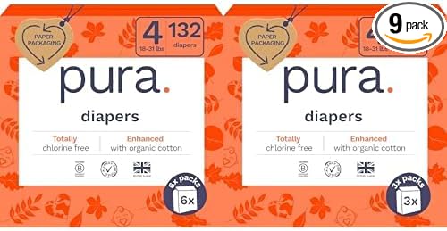 Pura Sensitive Skin Baby Diapers | Size 4 (18-31 lbs) | Bulk, Hypoallergenic, Totally Chlorine Free, Fragrance Free, | 9 Packs of 22 (198 Diapers)
