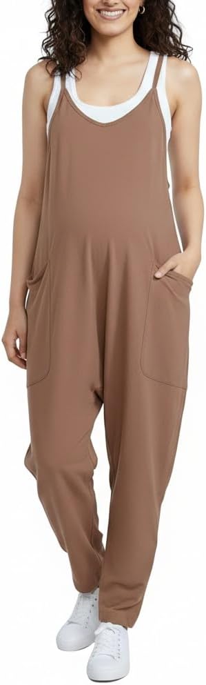 Motherhood Maternity womens Casual Baggy Sleeveless V-neck Pregnancy Romper Jumpsuit With Loose Spaghetti Straps and Pockets