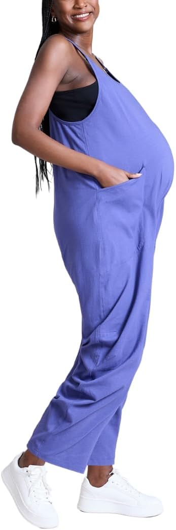 Motherhood Maternity womens Casual Baggy Sleeveless V-neck Pregnancy Romper Jumpsuit With Loose Spaghetti Straps and Pockets