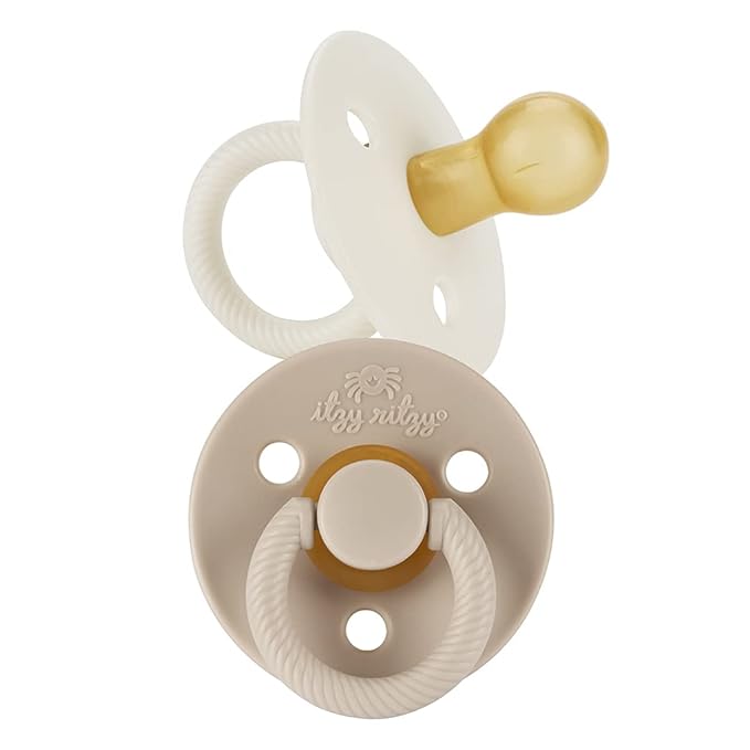 Itzy Ritzy Natural Rubber Newborn Pacifiers (Set of 2) – Baby Pacifiers with Cherry-Shaped Nipple & Large Air Holes for Added Safety; Set of 2 Binkies in Coconut & Toast (Ages 0 – 6 Months)