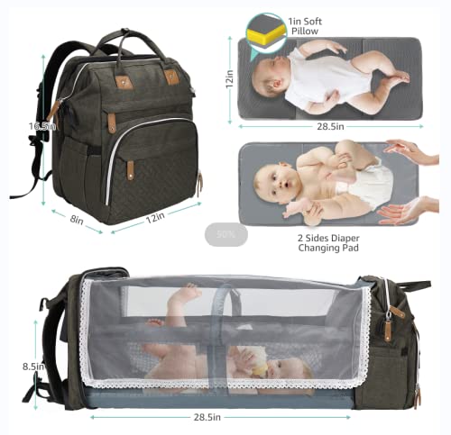 DERJUNSTAR Diaper Bag Backpack, Large Baby Bag with Changing Pad, Thick Padded Back & Straps, Laptop Compartment, Waterproof Travel Backpack with USB Port, Multi-Function for Mom & Dad, Army Green