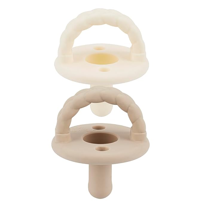 Itzy Ritzy Silicone Pacifiers for Ages 6-18 Months - Itzy Soother Pacifiers Feature Collapsible Handle & Two Air Holes for Added Safety; Set of 2 in Buttercream & Toast