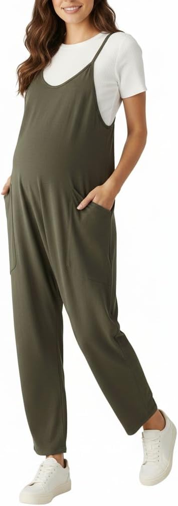 Motherhood Maternity womens Casual Baggy Sleeveless V-neck Pregnancy Romper Jumpsuit With Loose Spaghetti Straps and Pockets