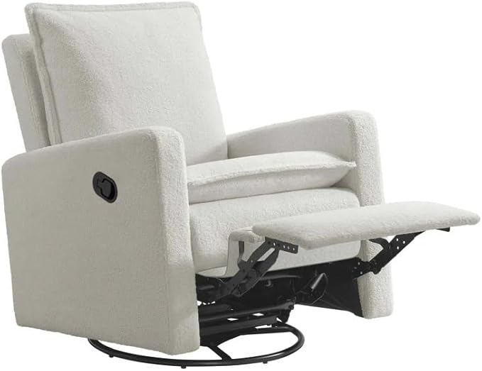 Oxford Baby Uptown Manual Upholstered Glider Recliner Rocking Chair 360° Swivel for Nursery and Living Room – Boucle White