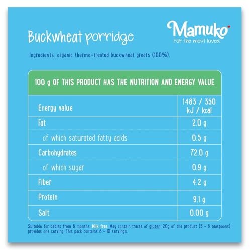 MAMUKO Baby Porridge - Buckwheat Porridge with GMO-Free - Organic Porridge for Healthy Growth & Development - Vegan Porridge Ideal for Babies 6-9 Months - 2 Pack (200g & 10 Servings)