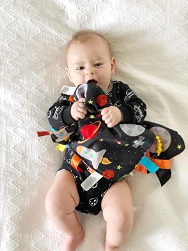 Baby Sensory, Security & Teething Closed Ribbon Tag Lovey Blanket with Minky Dot Fabric: 14X18 (Outer Space)